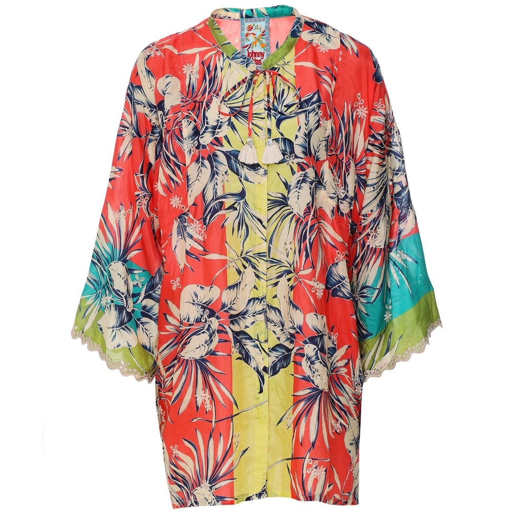 Johnny Was Kygo Marianne Silk Tunic Top Coral Tassel Womens Size M